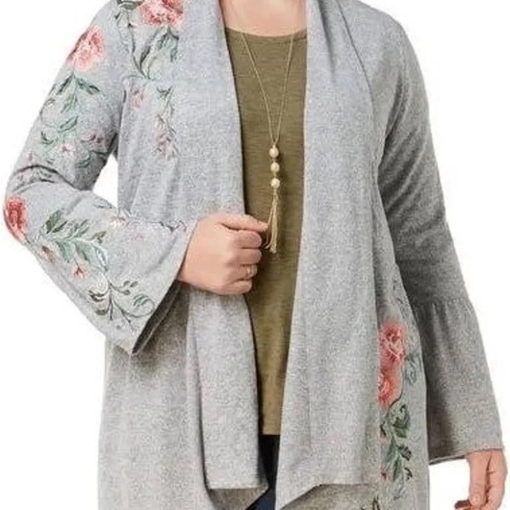 International Concepts Embroidered Floral Cardigan XL Gray Open Front - Picture 9 of 9